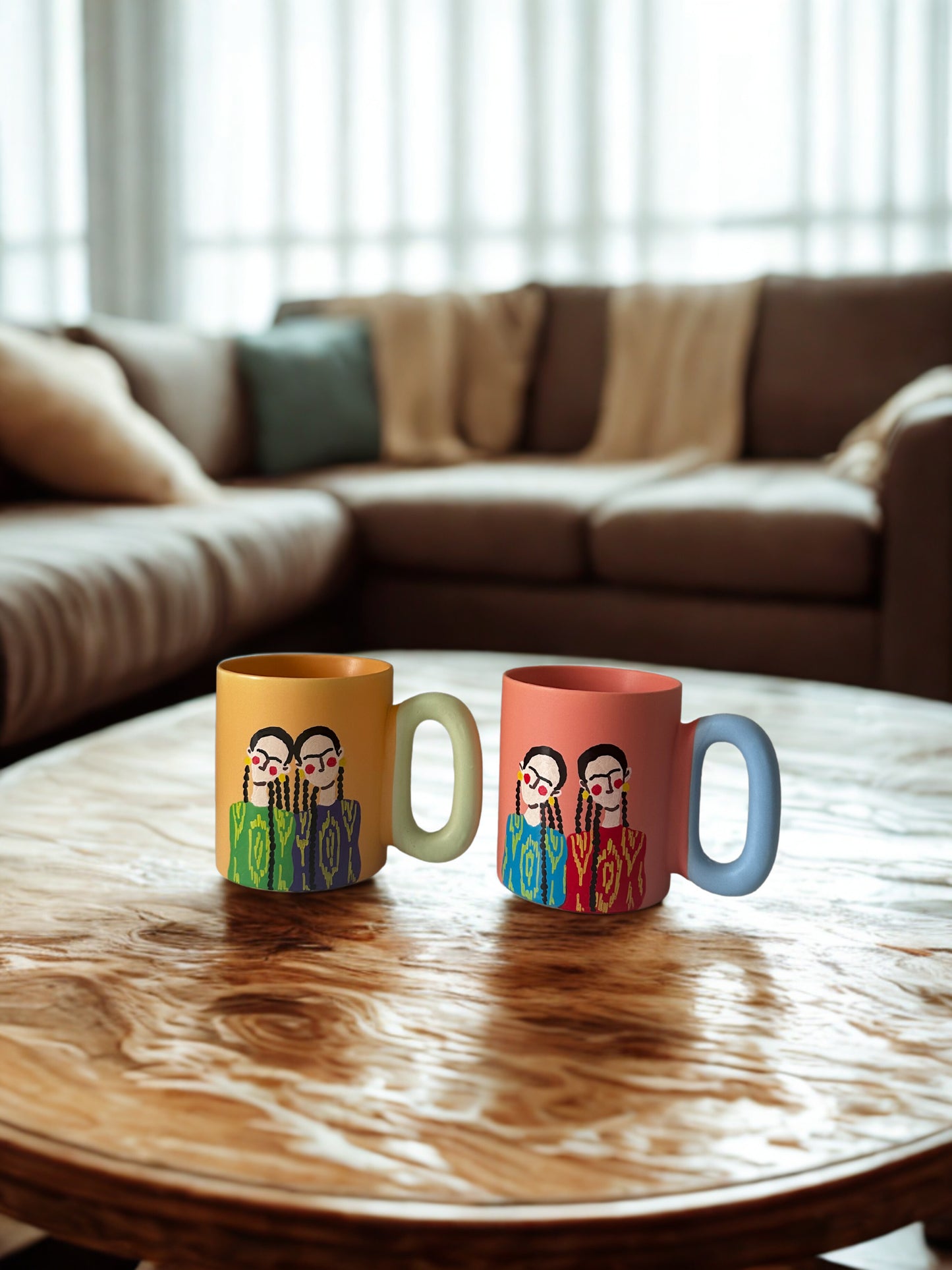 2 Uyghur girls on pastel orange mug